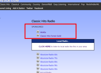 Image of how a sponsored radio station would appear at the top of its directory list, regardless of alphabetical order