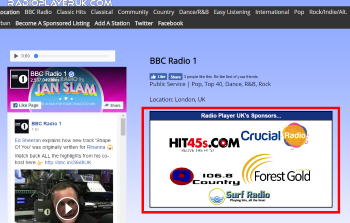 Image of how sponsored radio stations are advertised on every radio station's page, except from other sponsored station pages.